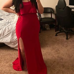 Red strapless David’s bridal maxi dress
